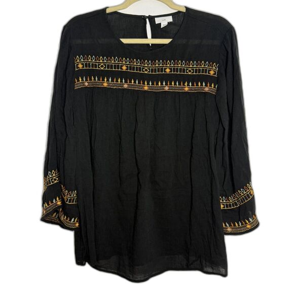 J. Jill Tops - J Jill Black Embroidered Crew Neck Lightweight Cotton Blend Top Blouse Tunic M